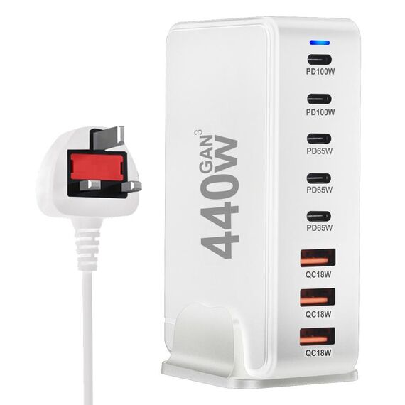 Caricabatterie da viaggio con adattatore di alimentazione USB GaN da 440 W con 3 porte USB, 5 porte PD, spina UK (bianco)