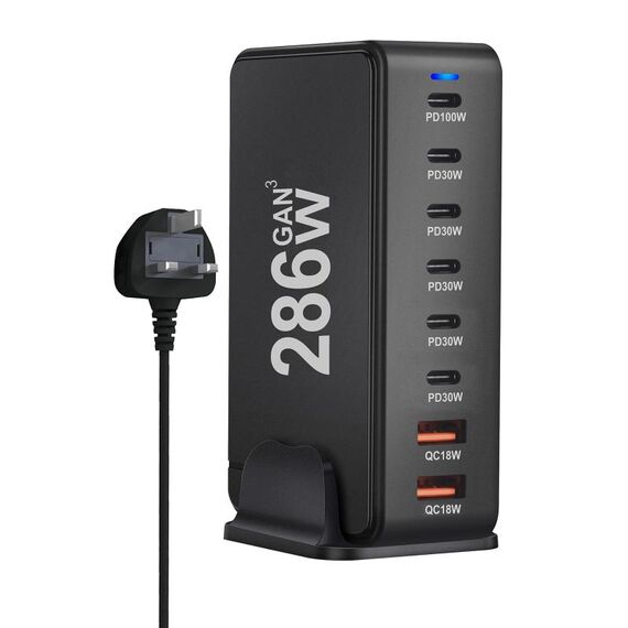 YMX-986 286W 6Type-C, 3USB 8-Ports Caricabatterie rapido da tavolo, tipo di spina: spina UK (nero)