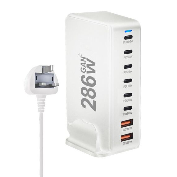 YMX-986 286W 6Type-C, 3USB 8-Ports Caricabatterie rapido da tavolo, tipo di spina: spina UK (bianco)