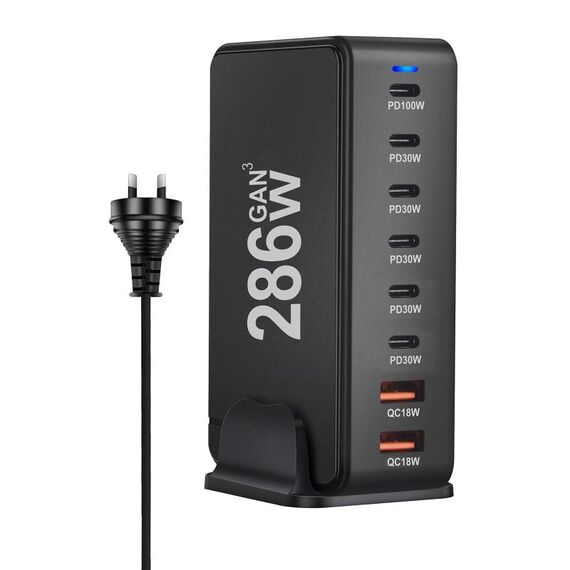 YMX-986 286W 6Type-C, 3USB 8-Ports Caricabatterie rapido da tavolo, tipo di spina: spina AU (nero)