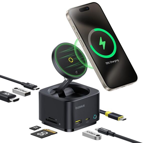 Baseus MagPro Series II 7 in 1 HUB Docking Station Caricabatterie Wireless Magnetico 15W (Nero)