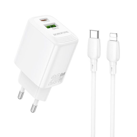 Borofone BN27 Fuente PD30W Caricabatterie USB Type-C + QC3.0 con cavo Type-C a 8 pin, spina UE (bianco)