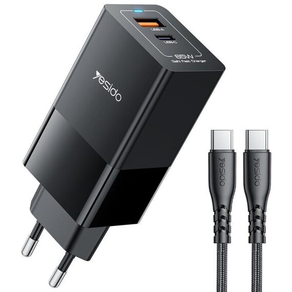 Yesido YC73 65W USB e USB-C / Type-C Dual Port GaN Caricabatterie rapido Set, spina UE (nero)