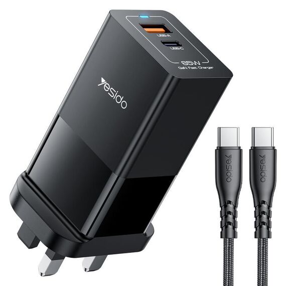 Yesido YC92 65W USB e USB-C / Type-C Dual Port GaN Caricabatterie rapido Set, spina UK (nero)
