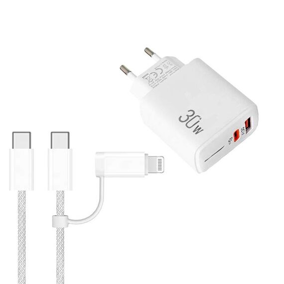 Caricabatterie PD31 30W USB-C / Type-C + USB-A con cavo dati Type-C+8 Pin 2 in 1, spina UE (bianco)