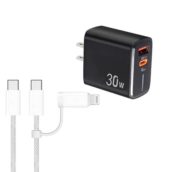 Caricabatterie PD31 30W USB-C / Type-C + USB-A con cavo dati Type-C+8 Pin 2 in 1, spina USA (nero)