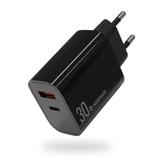 NORTHJO NOPD3002 USB-C / Type-C PD 30W + QC3.0 Caricabatterie da muro rapido con doppia porta USB, spina UE (nero)