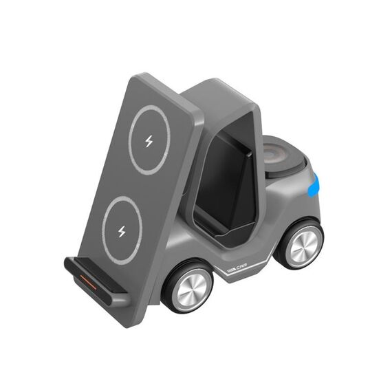 Caricabatterie wireless da tavolo T20S 3 in 1 da 15 W a forma di carrello elevatore con luce LED per atmosfera (grigio)