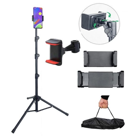 Treppiede per telefono cellulare retrattile da terra con supporto per tablet regolabile, modello: 323 (con borsa in tessuto + morsetto per telefono con testa di pecora)