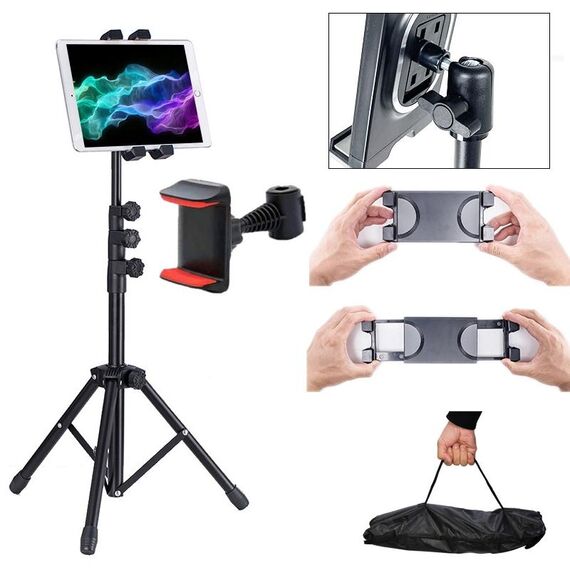 Treppiede per telefono cellulare retrattile da terra con supporto per tablet regolabile, modello: 306 (con borsa in tessuto + morsetto per telefono con testa di pecora)