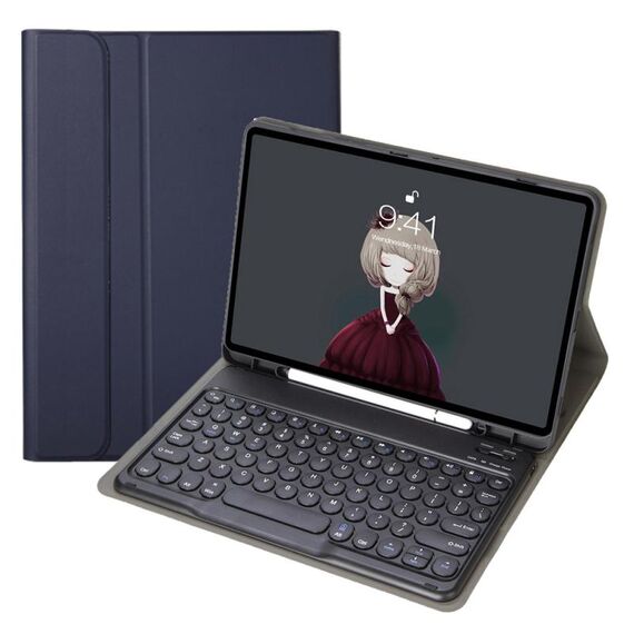 YA07B Custodia in pelle da tastiera agnello staccabile YA07B Struttura rotonda con slot e stand per iPad 9.7 pollici (2018) & (2017) / Pro 9.7 pollici / Aria 2 / AIR (blu scuro)