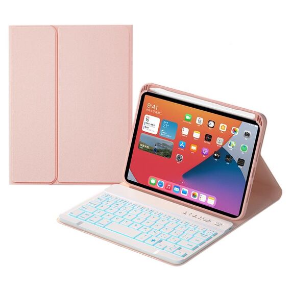HK006D Quadrato Tasti quadrati Bluetooth Bluetooth Bluetooth Custodia in pelle massima con retroilluminazione colorata e supporto per iPad Mini 6 (rosa)