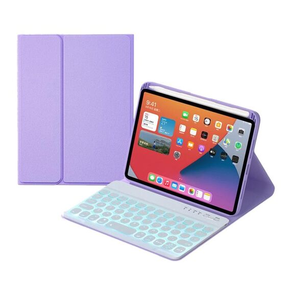 Caso di custodia in pelle Bluetooth rimovibile per tasti rotondi HY006D con retroilluminazione colorata e supporto per iPad mini 6 (viola chiaro)