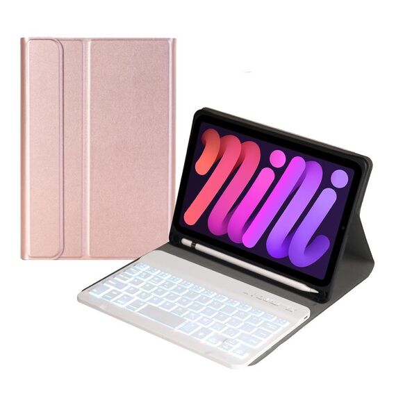 A06BS Custodia in pelle per tastiera Bluetooth ultra-sottile con supporto e slot per penna per iPad mini 6 (oro rosa)
