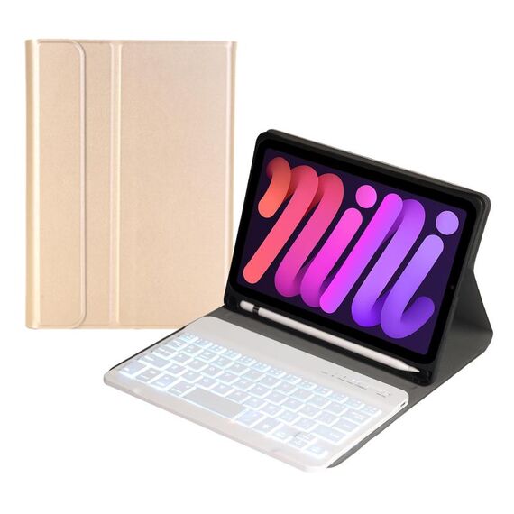 A06BS Custodia in pelle per tastiera Bluetooth ultra-sottile con supporto per supporti e penna per iPad mini 6 (oro)