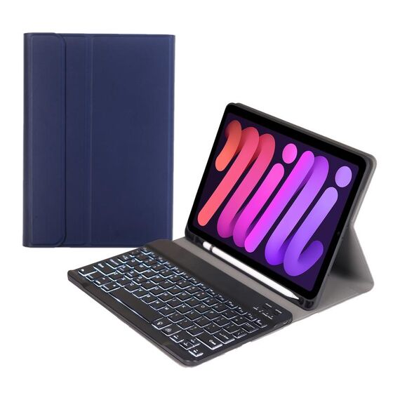 Custodia in pelle Bluetooth A06BS Ultra-sottile con supporto per titolare e penna per iPad mini 6 (blu scuro)
