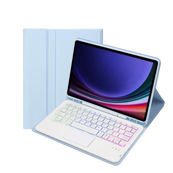 Custodia per tablet in pelle con retroilluminazione touch color caramella per Samsung Galaxy Tab S9 con retroilluminazione Bluetooth con portapenne (blu ghiaccio)