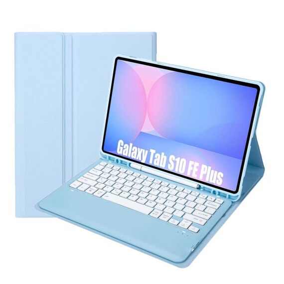 Custodia in pelle per tablet Samsung Galaxy Tab S10 FE+ A820B con tastiera Bluetooth staccabile e slot per penna (blu cielo)