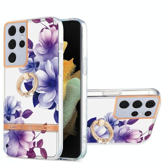 Per Samsung Galaxy S21 Ultra 5G Ring IMD Flowers TPU Telefono (Purple Begonia)