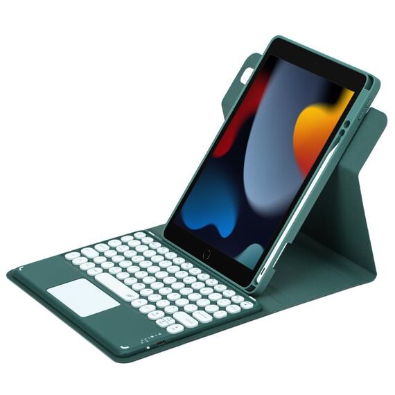 Per iPad 10.2 2021 / Air 2019 Custodia in pelle con tastiera Bluetooth girevole a 360 gradi con pulsante rotondo con touchpad (verde scuro)