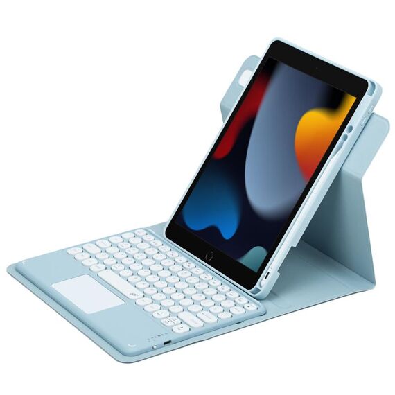 Per iPad 10.2 2021 / Air 2019 Pulsante rotondo Custodia in pelle con tastiera Bluetooth girevole a 360 gradi con touchpad (azzurro cielo)