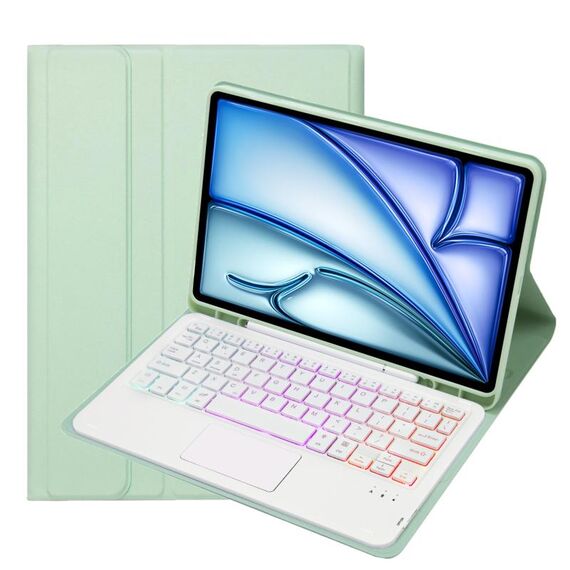 Per iPad Air 11 2024 / Air 5 10.9 A098B-AS Custodia per tablet in pelle con tastiera touch Bluetooth retroilluminata ultrasottile staccabile con slot per penna (verde chiaro)