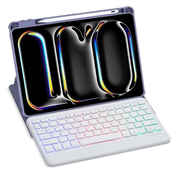Per iPad Pro 11 2024 L13-BS Custodia in pelle con tastiera Bluetooth trasparente in acrilico con rotazione a 360° e retroilluminazione (viola)