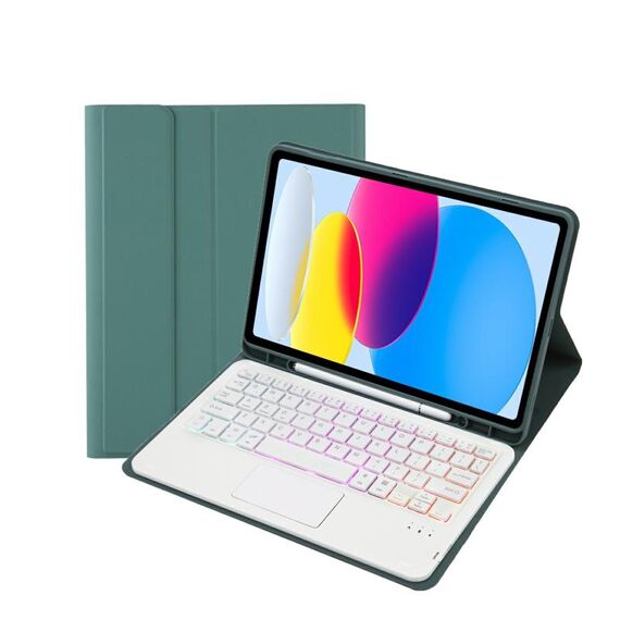 Per iPad 10a Gen 10.9 2022 A10B-AS Pelle di agnello Retroilluminazione Tastiera Bluetooth Touch Custodia per tablet in pelle con slot per penna (verde scuro)