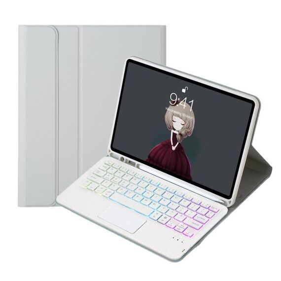 Per iPad 10a generazione 10.9 2022 A10B-AS Custodia per tablet in pelle con tastiera touch Bluetooth retroilluminata e slot per penna (grigio)