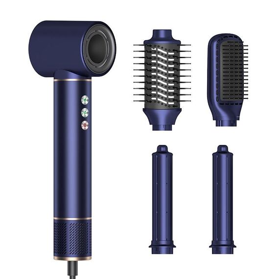 Asciugacapelli 5 in 1 con pettine ad aria calda, arricciacapelli automatico, ioni negativi, colore: blu oro spina USA