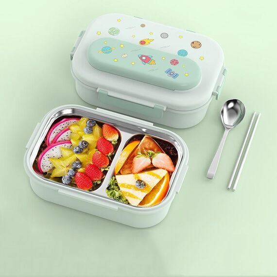 Contenitore per il pranzo in acciaio inossidabile 316 isolato, contenitore per il pranzo portatile per bambini, stile: verde chiaro, 2 griglie