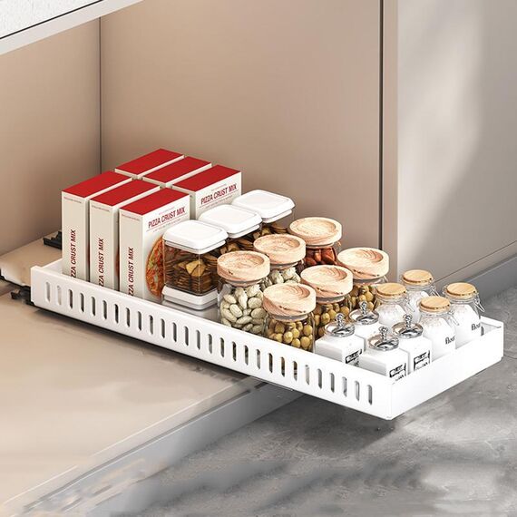 Mensola estraibile per pentole e padelle da cucina, organizer per piano di lavoro, vassoio per piatti, 52 cm, bianco