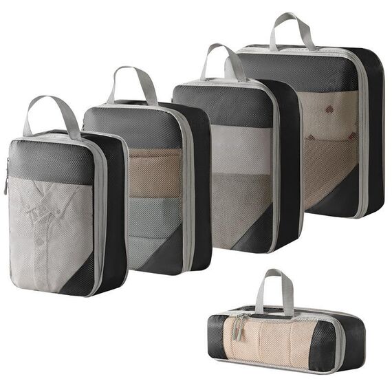 5 in 1 Borsa organizer da viaggio compressa in rete per bagagli, vestiti, scarpe e articoli da toeletta (nero)