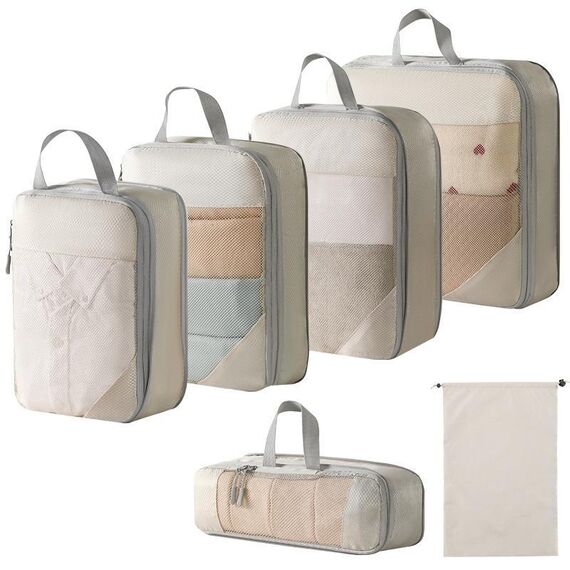 6 in 1 Borsa organizer da viaggio compressa in rete per bagagli, vestiti, scarpe e articoli da toeletta (beige)