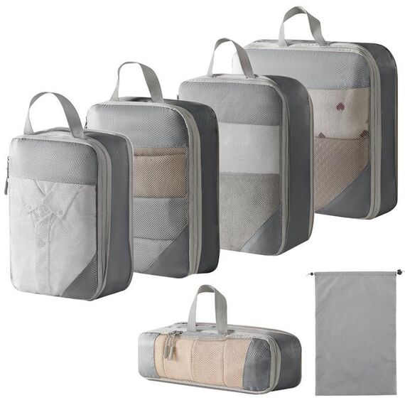 6 in 1 Borsa organizer da viaggio compressa in rete per bagagli, vestiti, scarpe e articoli da toeletta (grigio)