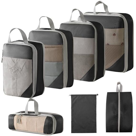 7 in 1 Borsa organizer da viaggio compressa in rete per bagagli, vestiti, scarpe e articoli da toeletta (nero)