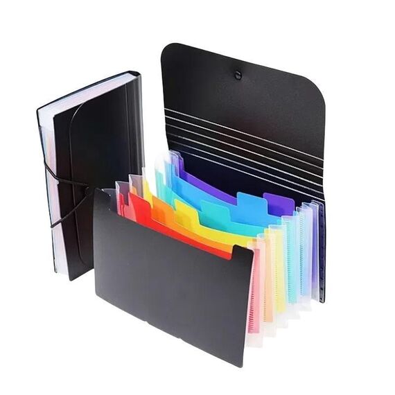 Cartelle portadocumenti espandibili A6 con 7 tasche, per archiviazione e organizzazione, copertina nera, interno colorato