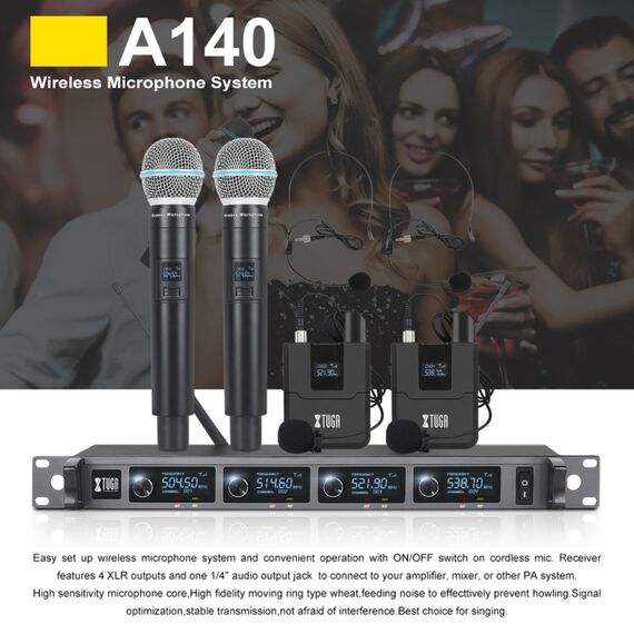 XTUGA A140-HB – Sistema Microfonico Wireless UHF a 4 Canali con Auricolari Lavalier EDA005198401B 6922120283547
