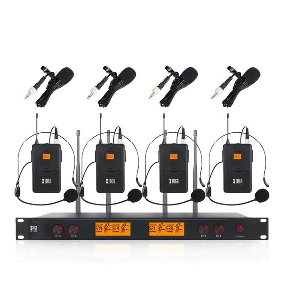 XTUGA A400-B Sistema microfonico wireless UHF professionale a 4 canali con 4 microfoni lavalier BodyPack EDA005203201B 6922167115973