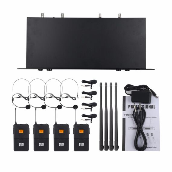 XTUGA A400-B Sistema microfonico wireless UHF professionale a 4 canali con 4 microfoni lavalier BodyPack EDA005203201B 6922167115973