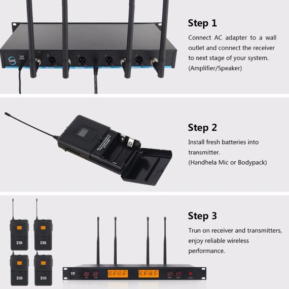 XTUGA A400-B Sistema microfonico wireless UHF professionale a 4 canali con 4 microfoni lavalier BodyPack EDA005203201B 6922167115973