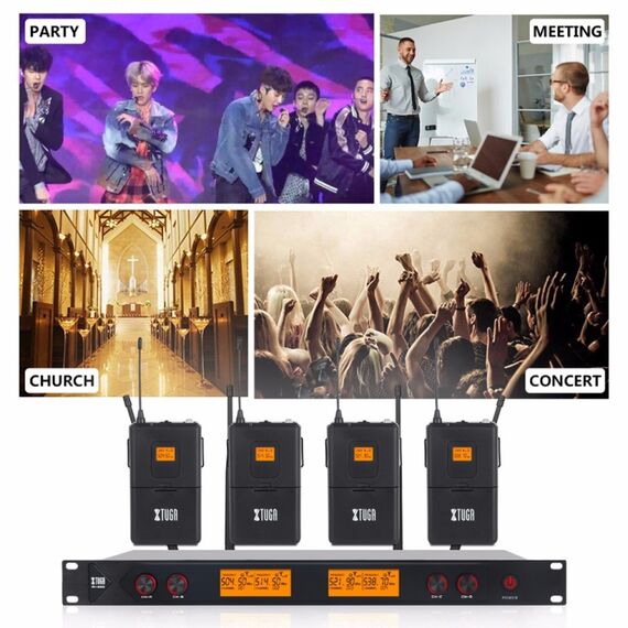 XTUGA A400-B Sistema microfonico wireless UHF professionale a 4 canali con 4 microfoni lavalier BodyPack EDA005203201B 6922167115973