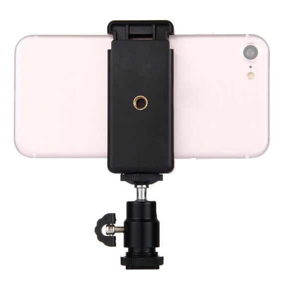 PULUZ testa per treppiede hot shoe da 1/4 di pollice + morsetto per treppiede per iPhone, Samsung, Huawei, HTC, smartphone con larghezza da 5,5 cm a 8 cm