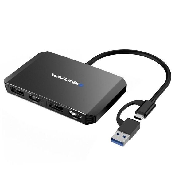 WAVLINK WL-UG69DH2 Splitter adattatore DisplayPort da USB+Tipo-C a doppio monitor HD 4K (Nero)