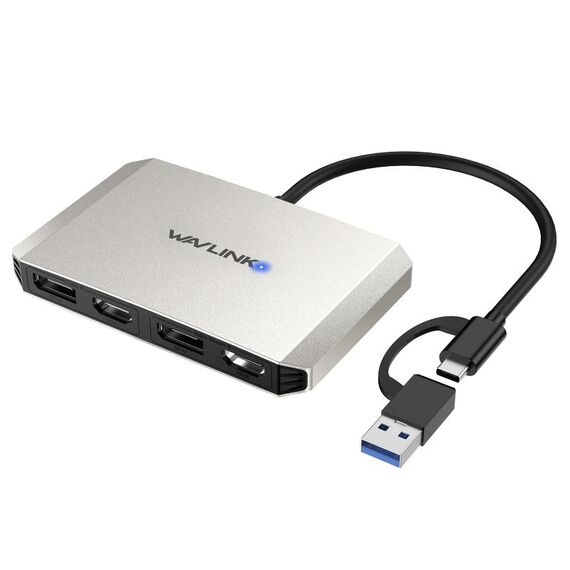 WAVLINK WL-UG69DH2 Splitter adattatore DisplayPort da USB+Tipo-C a doppio monitor HD 4K (Argento)