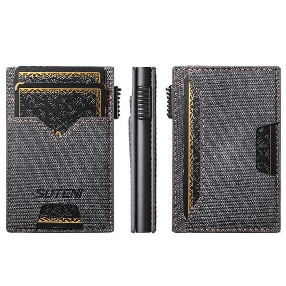 Il pulsante dello slot per carte bifacciale in denim Suteni espelle automaticamente la scatola delle carte (nero)