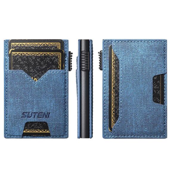 Il pulsante dello slot per carte bifacciale in denim Suteni espelle automaticamente la scatola delle carte (blu)