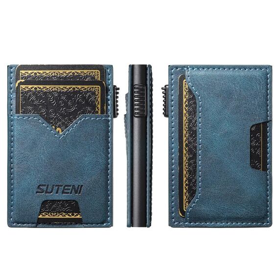 Il pulsante dello slot per carte bifacciale in denim Suteni espelle automaticamente la scatola delle carte (blu)