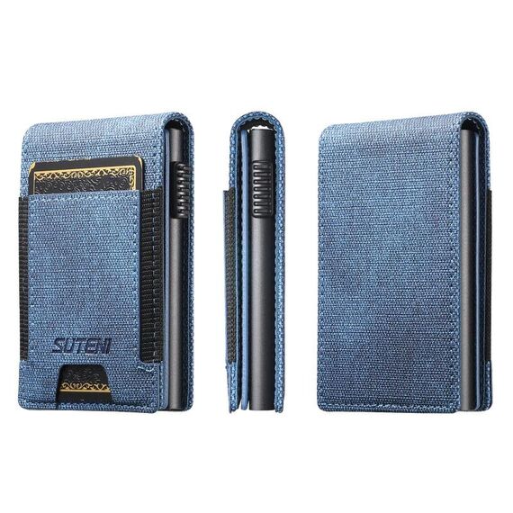 Il bottone con motivo denim Suteni fuoriesce automaticamente dalla scatola della carta con elastico (blu)