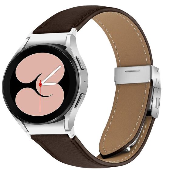 Cinturino per Samsung Galaxy Watch 7 40/44 mm in pelle con fibbia posteriore tartarugata argento e trama litchi (colore caffè)